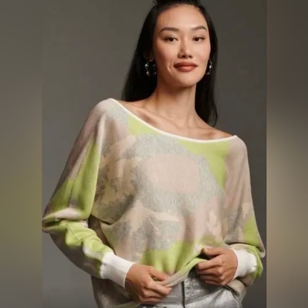 DAILY PRACTICE Anthropologie Hazy Daze Pullover Sweater in Green Motif SZ XL